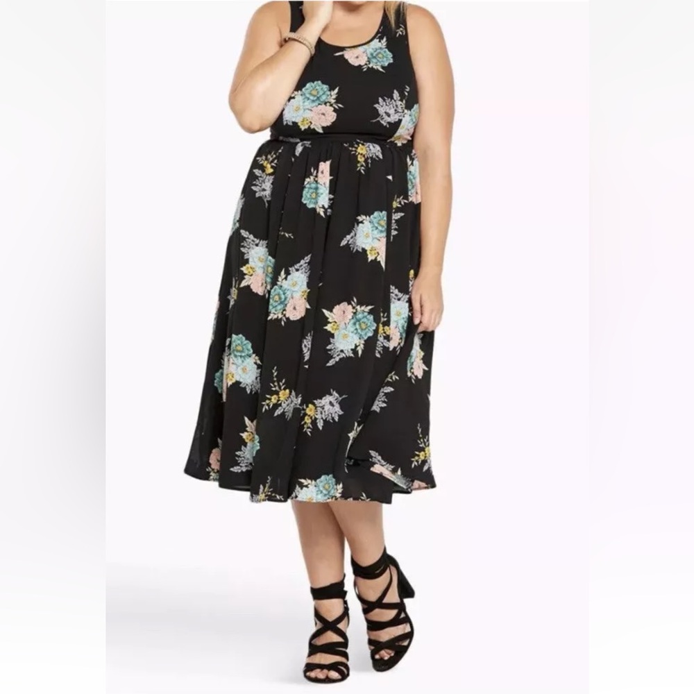 Torrid Black Floral Print Georgette Sleeveless Midi Dress Size 20